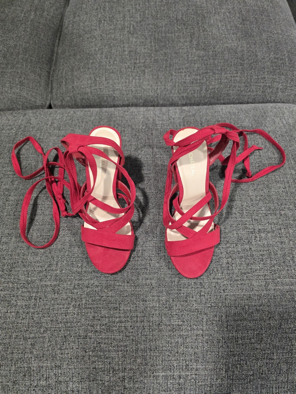 le chateau Red Suede Lace-Up Strappy Heels